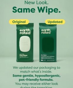 earth rated pet wipes for dogs and cats, hypoallergenic, 3 in 1 cleaning, deodorizing and hydrating, for grooming paws, body and butt, unscented