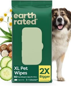 earth rated pet wipes for dogs and cats, hypoallergenic, 3 in 1 cleaning, deodorizing and hydrating, for grooming paws, body and butt, unscented