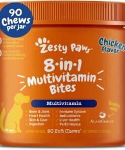 zesty paws dog multivitamin, chewable dog vitamins and supplements for hip & joints, skin & coat, omega 3 fish oil for dogs senior & puppy multivitamin chicken 90ct