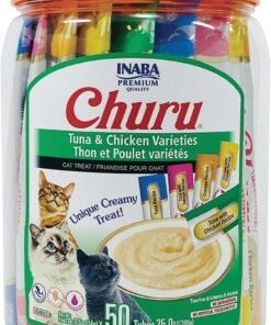 inaba churu cat treats, lickable, squeezable creamy purée cat treat with green tea extract & taurine, 0.5 ounces each tube, 50 tubes, tuna & chicken variety