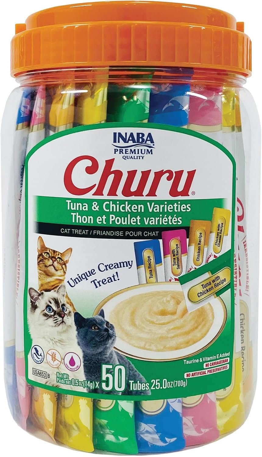 inaba churu cat treats, lickable, squeezable creamy purée cat treat with green tea extract & taurine, 0.5 ounces each tube, 50 tubes, tuna & chicken variety inaba churu cat treats, lickable, squeezable creamy purée cat treat with green tea extract & taurine, 0.5 ounces each tube, 50 tubes, tuna & chicken variety