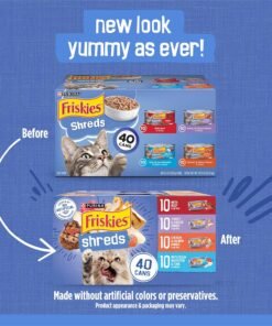 purina friskies wet cat food variety pack, shreds with beef, turkey and cheese dinner, chicken and salmon dinner, and with ocean whitefish and tuna (pack of 40) 5.5 oz. cans