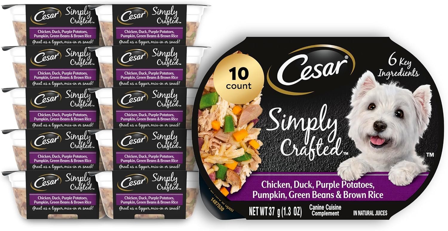 cesar simply crafted adult wet dog food toppers for dry food, beef, chicken, purple potatoes, peas & carrots, 1.3 oz tubs cesar simply crafted adult wet dog food toppers for dry food, beef, chicken, purple potatoes, peas & carrots, 1.3 oz tubs