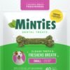 minties dog dental bone treats, tiny/small dental dog treats, 16 ounces, cleans teeth, fight bad breath, removes plaque and tartar, 40 count