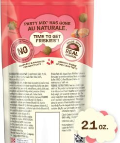 purina friskies natural cat treats party mix natural yums with real salmon and added vitamins, minerals and nutrients 20 oz. canister
