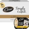 cesar simply crafted adult wet dog food toppers for dry food, beef, chicken, purple potatoes, peas & carrots, 1.3 oz tubs