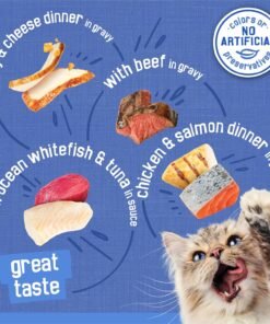 purina friskies wet cat food variety pack, shreds with beef, turkey and cheese dinner, chicken and salmon dinner, and with ocean whitefish and tuna (pack of 40) 5.5 oz. cans