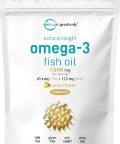 Micro Ingredients Extra Strength Omega 3 Fish Oil Supplements 1,000mg Per Serving, 300 Softgels | Lemon Flavored | Burpless | EPA 180mg + DHA 120mg | Deep Sea Fish