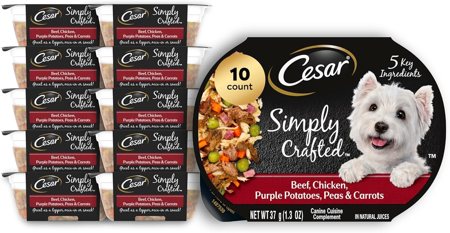 cesar simply crafted adult wet dog food toppers for dry food, beef, chicken, purple potatoes, peas & carrots, 1.3 oz tubs cesar simply crafted adult wet dog food toppers for dry food, beef, chicken, purple potatoes, peas & carrots, 1.3 oz tubs