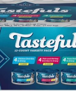 blue buffalo tastefuls flaked wet cat food variety pack, made with natural ingredients, tuna, chicken, fish & shrimp, 3 oz cans (12 count, 4 of each)