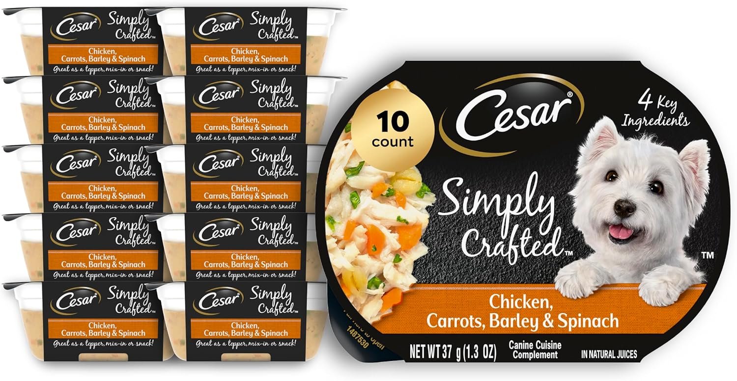 cesar simply crafted adult wet dog food toppers for dry food, beef, chicken, purple potatoes, peas & carrots, 1.3 oz tubs cesar simply crafted adult wet dog food toppers for dry food, beef, chicken, purple potatoes, peas & carrots, 1.3 oz tubs
