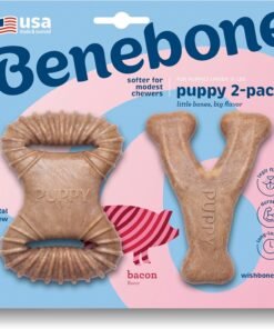 benebone 2 pack wishbone/dental durable dog chew toys, dog toys for aggressive chewers, real bacon, made in usa, medium
