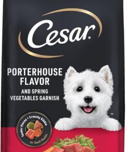 cesar small breed dry dog food for small dogs, rotisserie chicken flavor and spring vegetables garnish