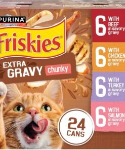 purina friskies extra gravy wet cat food chunky 24ct variety pack (with chicken, turkey, salmon, beef) (pack of 24) 5.5 oz. cans
