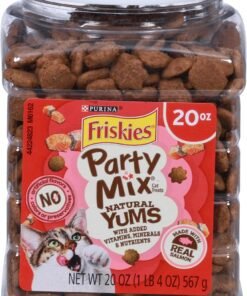 purina friskies natural cat treats party mix natural yums with real salmon and added vitamins, minerals and nutrients 20 oz. canister