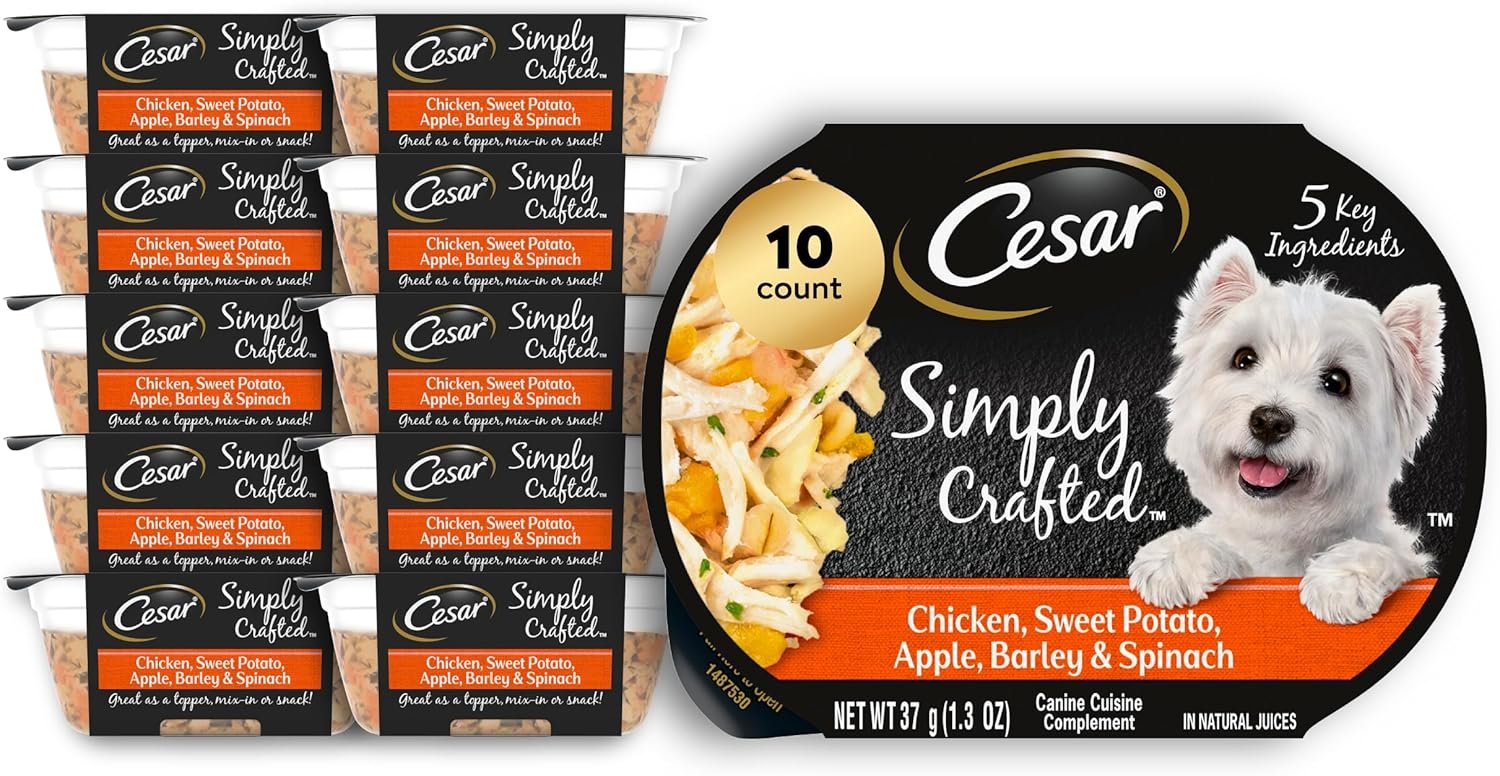 cesar simply crafted adult wet dog food toppers for dry food, beef, chicken, purple potatoes, peas & carrots, 1.3 oz tubs cesar simply crafted adult wet dog food toppers for dry food, beef, chicken, purple potatoes, peas & carrots, 1.3 oz tubs