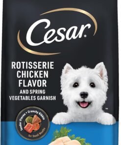 cesar small breed dry dog food for small dogs, rotisserie chicken flavor and spring vegetables garnish