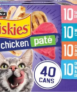purina friskies wet cat food variety pack, shreds with beef, turkey and cheese dinner, chicken and salmon dinner, and with ocean whitefish and tuna (pack of 40) 5.5 oz. cans