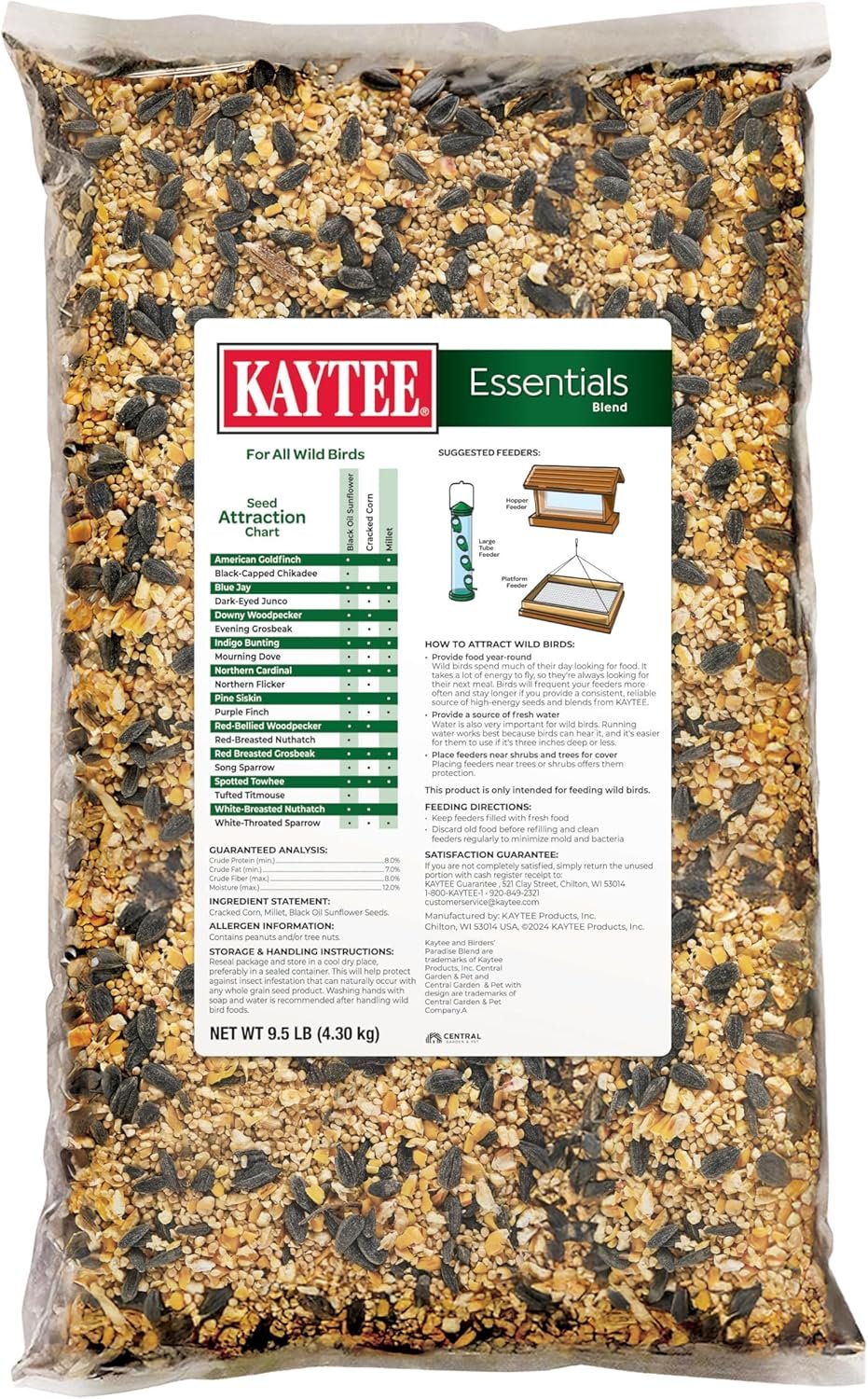 kaytee essentials blend with black oil sunflower, cracked corn and millet, wild bird food seed for cardinals, jays, finches, chickadees, nuthatches, woodpeckers, grosbeaks, juncos, 9.5 pounds kaytee essentials blend with black oil sunflower, cracked corn and millet, wild bird food seed for cardinals, jays, finches, chickadees, nuthatches, woodpeckers, grosbeaks, juncos, 9.5 pounds