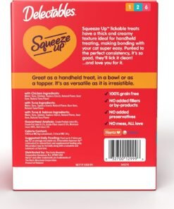 delectables squeeze up variety pack, creamy squeezable puree, lickable wet cat treats, grain free, no fillers, by products, preservatives, 0.5 ounces tube, 54 tubes total