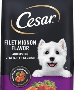 cesar small breed dry dog food for small dogs, rotisserie chicken flavor and spring vegetables garnish