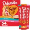 delectables squeeze up variety pack, creamy squeezable puree, lickable wet cat treats, grain free, no fillers, by products, preservatives, 0.5 ounces tube, 54 tubes total