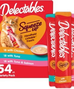 delectables squeeze up variety pack, creamy squeezable puree, lickable wet cat treats, grain free, no fillers, by products, preservatives, 0.5 ounces tube, 54 tubes total