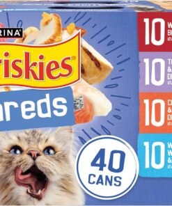 purina friskies wet cat food variety pack, shreds with beef, turkey and cheese dinner, chicken and salmon dinner, and with ocean whitefish and tuna (pack of 40) 5.5 oz. cans